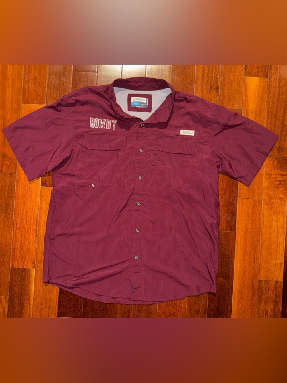 Magellan Outdoors Maroon Short-Sleeve Button-Down Shirt with 'Howdy' Embroidery